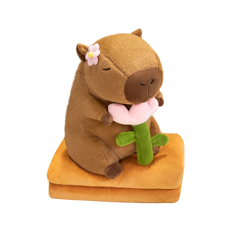 H2739bc40a1444c359ed6edfe4e131c47e.webp Wholesale 2-in-1 Cute Capybara Cartoon Plush Toy PP Cotton Filling Mesh Lunch Break Blanket Brown Pillow Stuffed Animal Toys - Image 1